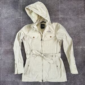 Women's Vintage The North Face White Hyvent Belted Hooded Rain Coat Jacket Sz M